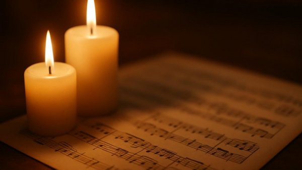 Warm-toned scene with candles on sheet music, evoking Beegie Adair’s sophisticated jazz performances.