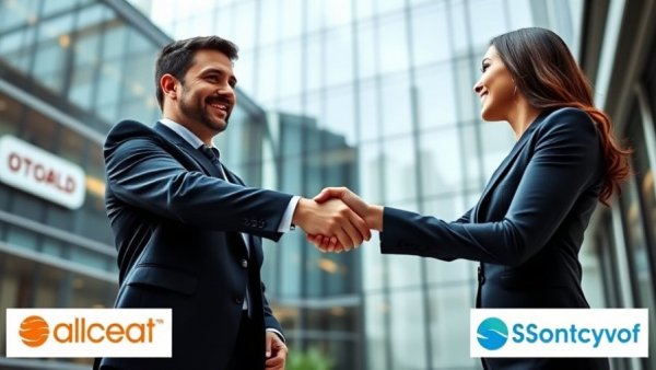 Business executives shaking hands at Africa Trade event in front of modern building.