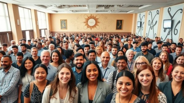 Diverse group at WordPress conference embracing AI innovation.