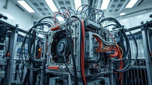 Intricate quantum computer machinery in a lab for quantum mechanics for kids.