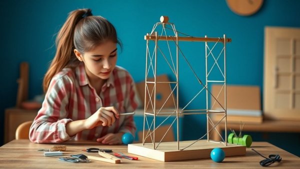 Young woman assembling DIY updraft tower in workshop.
