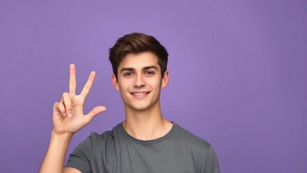 Confident young man gesturing number two against purple backdrop.