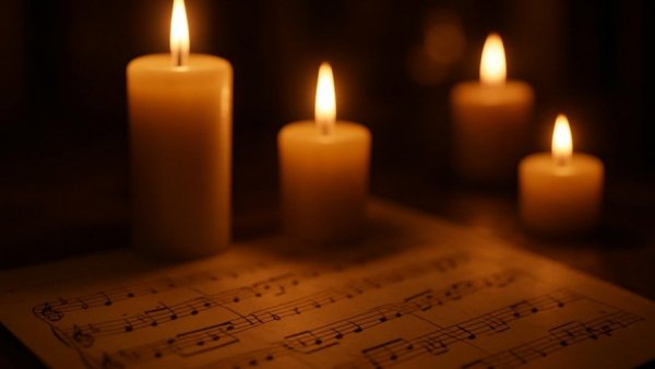 Candles illuminating sheet music, peaceful jazz ambiance