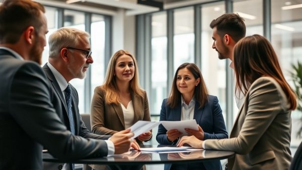 Professionals discussing recruitment selection process in an office.