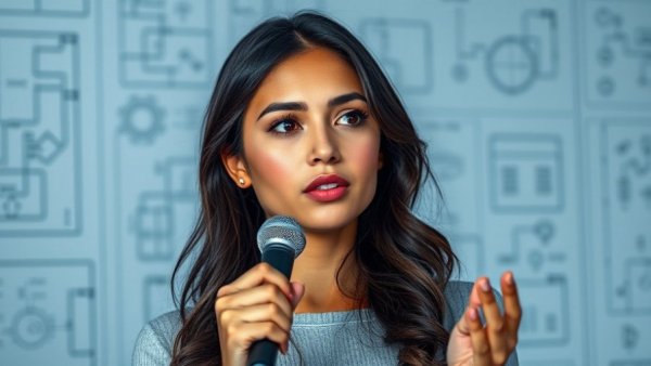 Young woman discussing NanoBanana community builds in front of a blueprint.