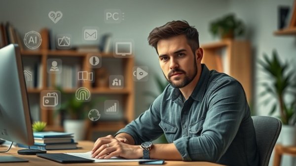 Focused man learning AI, surrounded by app icons, in a modern office.