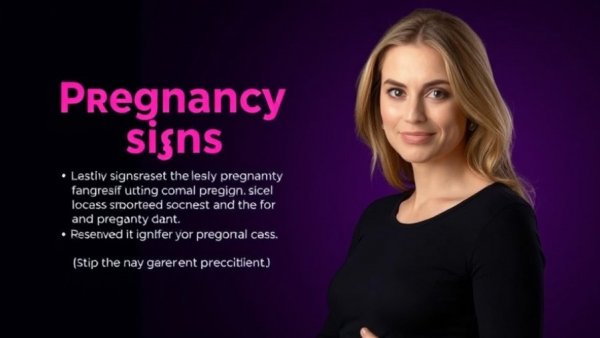 Early pregnancy signs informative poster with woman in purple.