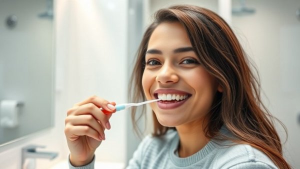 Young woman flossing teeth confidently in bathroom, illustrating importance of flossing.
