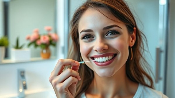 Smiling woman flossing teeth emphasizing the importance of flossing daily.