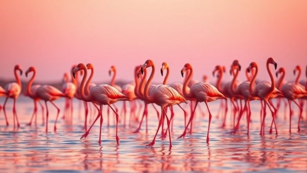 Vibrant pink flamingos wading during sunrise on safari.