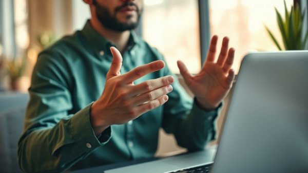 Person using sign language in front of laptop, emphasizing website accessibility for schools.