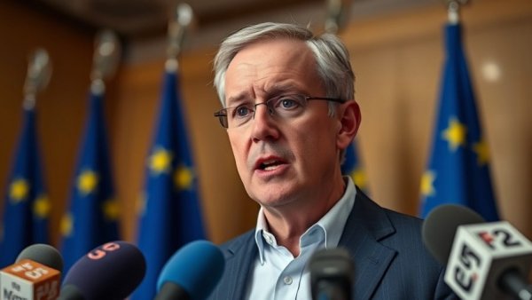 EU credibility over Israel; speaker addressing media with flags in background.