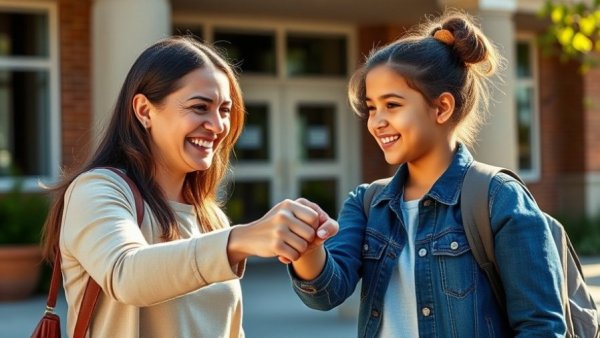 Woman and girl sharing a joyful fist bump outside school.
