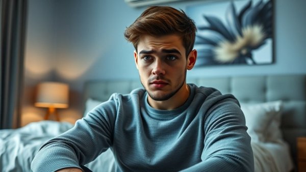 Concerned man reflecting on men's health in a bedroom setting, highlighting urology care.