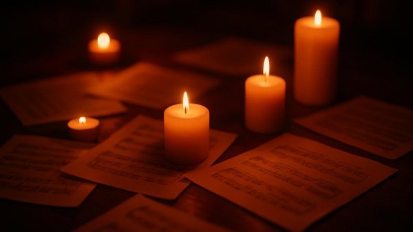 Intimate candlelit scene with sheet music in a jazz-themed setting.