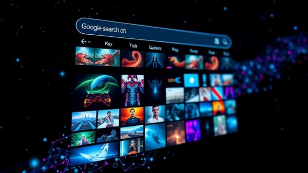 Futuristic digital display with abstract images over a search bar.