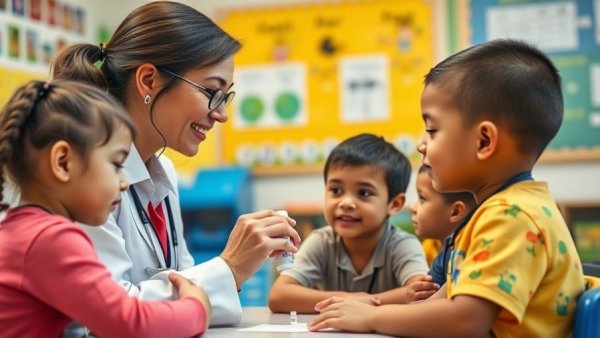 Teacher administers medicine to children in classroom during World Immunization Week.