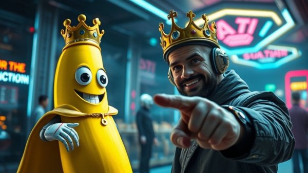 AI Image Generation concept art with a man, banana in crown.