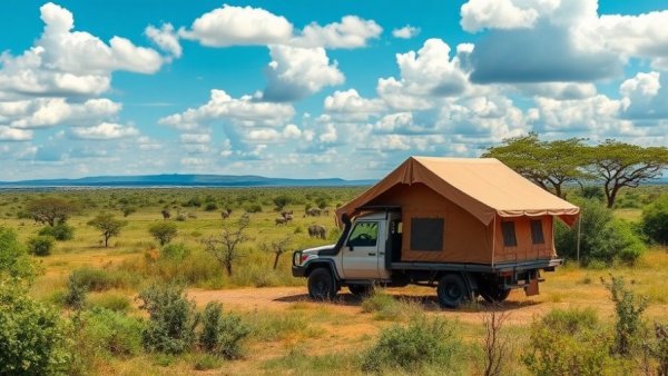 Camping vs Lodge Overland Safaris: Safari truck and tent in savannah