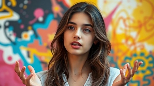 Young woman explaining what a TPU is, colorful background