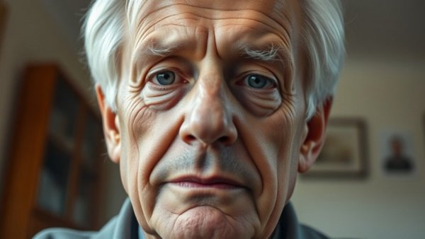 Older man with a calm expression, conveying tranquility in a simple setting.