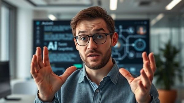 Person explaining fake AI agents with digital interface on screen.