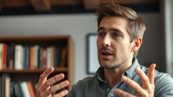Man discussing productivity in an indoor setting, conveying enthusiasm.