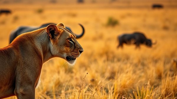 Cape buffalo safari scene with lioness in grass.