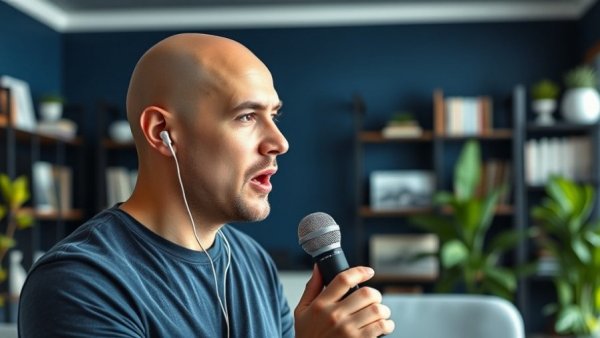 Bald man speaking passionately with a microphone, home office background.