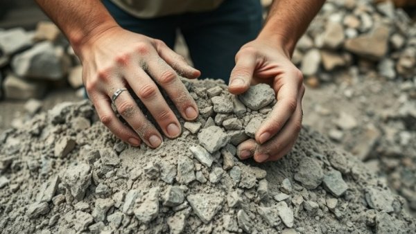 Hands working with rubble in Gaza informal cement industry.