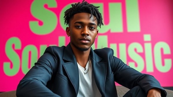 Stylish young man in green shirt promoting Soul Music channel.
