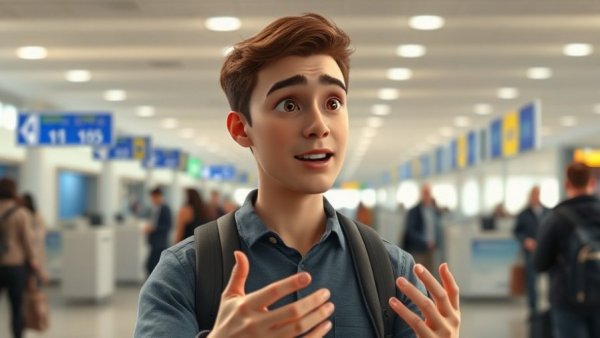 Tehran Airport scene with a man discussing flights resumption.