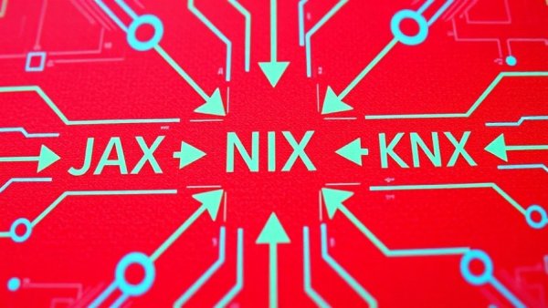 Vibrant illustration of AI frameworks JAX, NNX, Keras on red background.