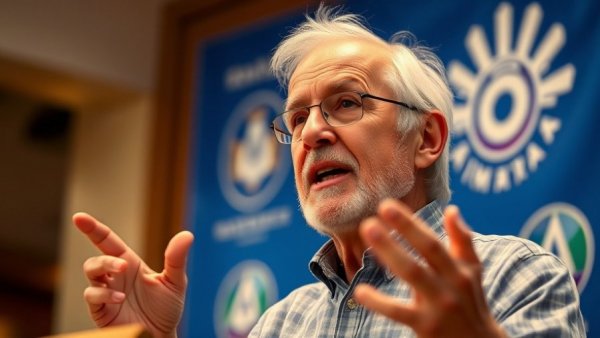 Elderly man speaks at podium with blue backdrop, discussing Strait of Hormuz.