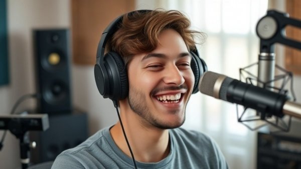 Cheerful person recording audio, related to overcoming impostor syndrome.