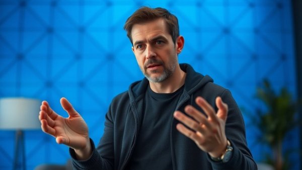 Man explaining concept against a geometric blue background.