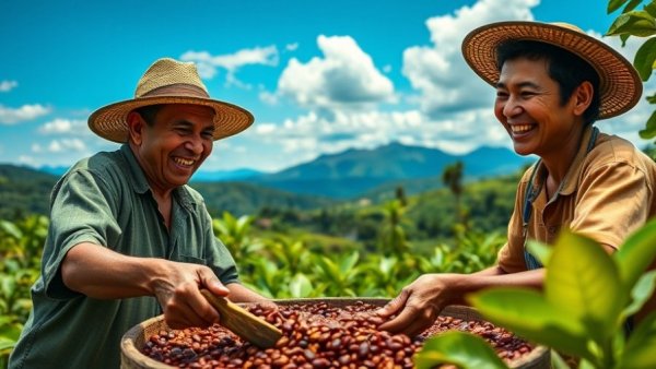 Brazilian coffee farmers sifting beans in lush plantation under sunny sky.