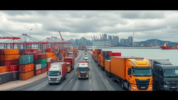 Pakistan-Iran trade routes with shipping containers and trucks on road.