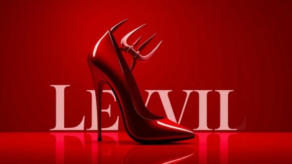 Red stiletto heel resembling a devil's pitchfork on red background.
