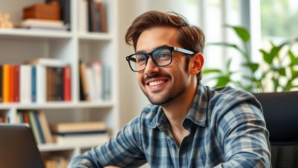 Smiling man reflecting about getting rich in modern office.