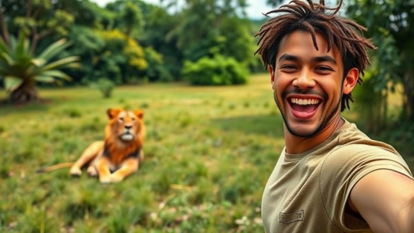 Man on safari pointing at lion in natural habitat, safari accommodations.
