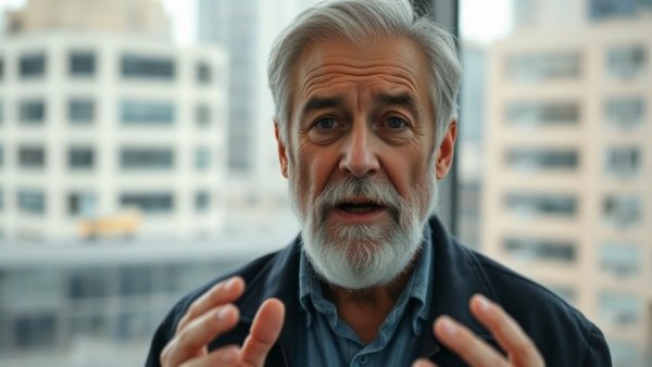 Man discussing Iran UAE attack response, cityscape background.