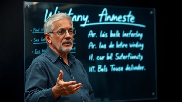 Middle-aged person explains tech concepts on transparent board.