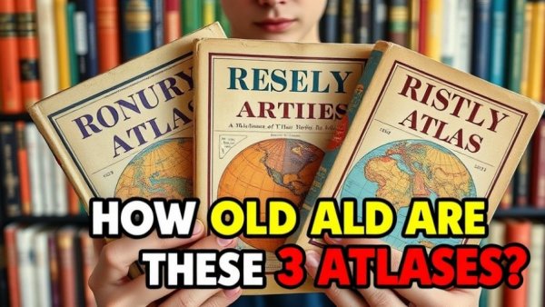 Close-up of three Hammond Atlases with text about their age.