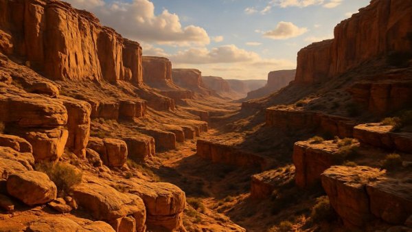 Best National Monuments to Visit: Sunlit rocky canyon landscape with sweeping shadows.