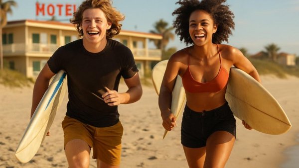 Young surfers enjoying a beach day in California along Highway 1.