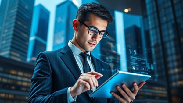 Businessman engaging with digital interface in urban office, Africa Trade.