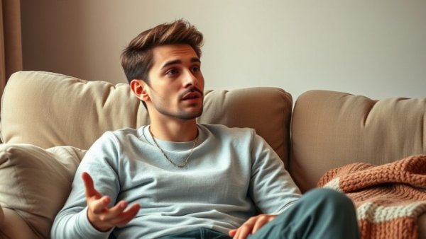 Casual young man discussing goal setting while seated on sofa.