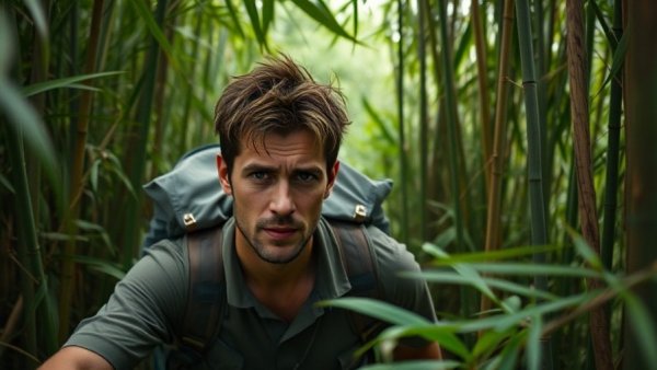 Explorer in dense bamboo forest, navigating wilderness, 'Where even am I?' theme.
