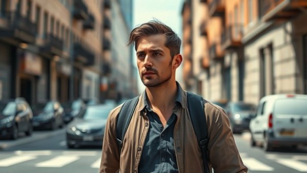 Productivity tips concept with man walking in urban setting, focused.